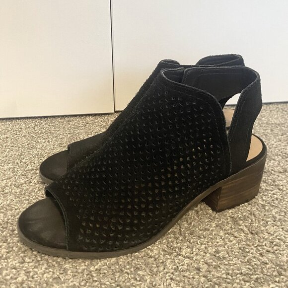 Lucky Brand Slingback Ankle Booties Black Suede Open Toe Heeled Boots Size‎ 7 - Picture 1 of 8